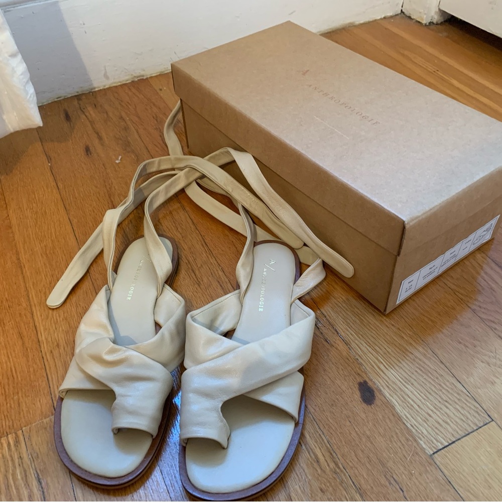 Anthropologie Cream and Tan Sandals with Flat Soles